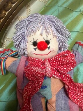 Vintage Plush Clown with Lavender Yarn Hair and Red Scarf